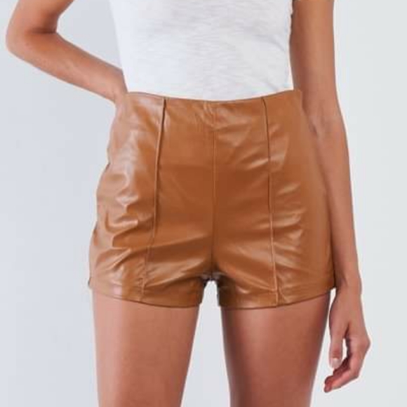 Sublime Vegan Leather High Waist Camel Mini Shorts - Picture 2 of 8